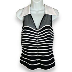 Caché Top Collared Striped Rhinestone Buttons Sleeveless Black White Sz 6 Blouse